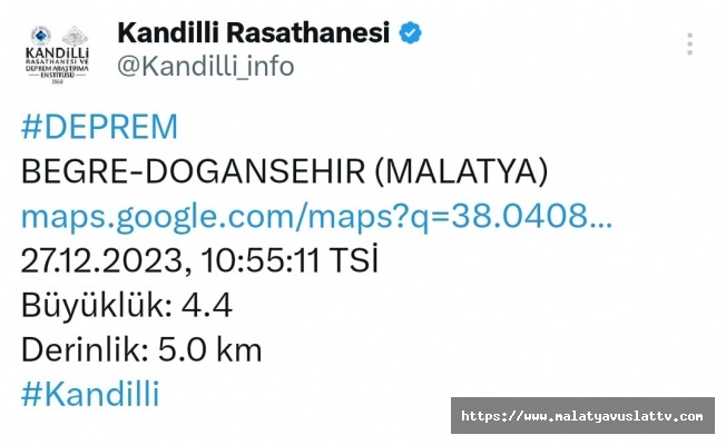 Malatya'nın Doğanşehir İlçesinde 4,3 Büyüklüğünde Deprem