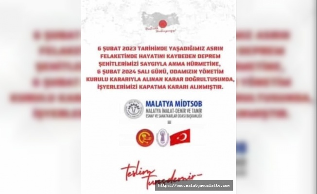 Malatya Esnafı 6 Şubat'ta Kepenk Kapatıyor